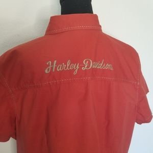 Harley Davidson Shirt cotton embroidered pearl snap short sleeve Moto Orange
